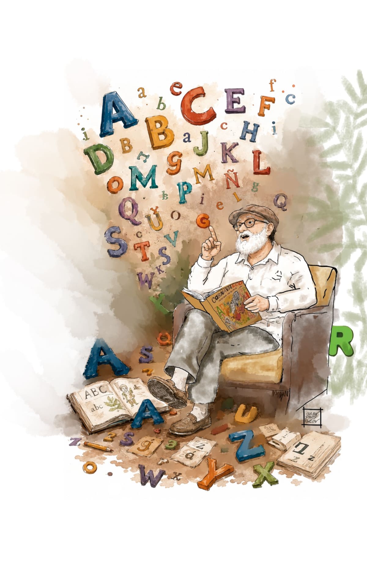 Gabriel LaTorre fue poeta, creador cultural, autor del himno de Bucaramanga y promotor de proyectos para acercar a los niños a la lectura. Su historia, contada por su hija María Fernanda y por Julián Rincón, revela a un hombre que hizo de la palabra, la familia y el arte una forma de construir paz en Santander. Foto Ilustración: Julián Rincón/VANGUARDIA