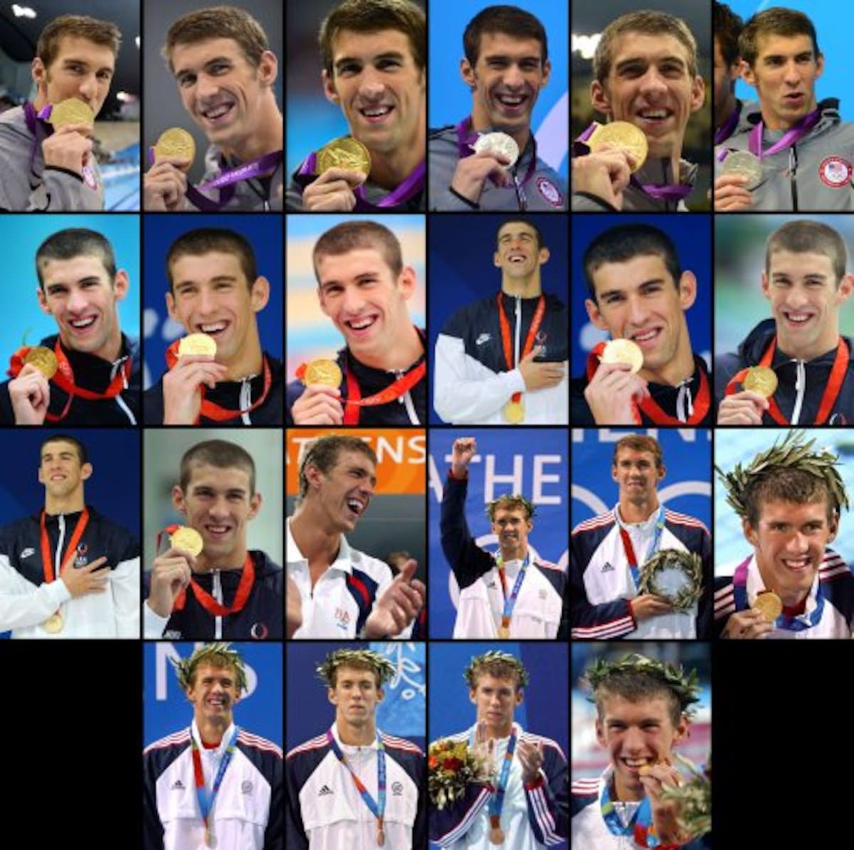 Una recopilación de las 22 medallas de Michael Phelps ganadas en Atenas, Beijing y Londres: 18 oros, 2 platas y 2 bronces. (Foto: AFP/VANGUARDIA LIBERAL)