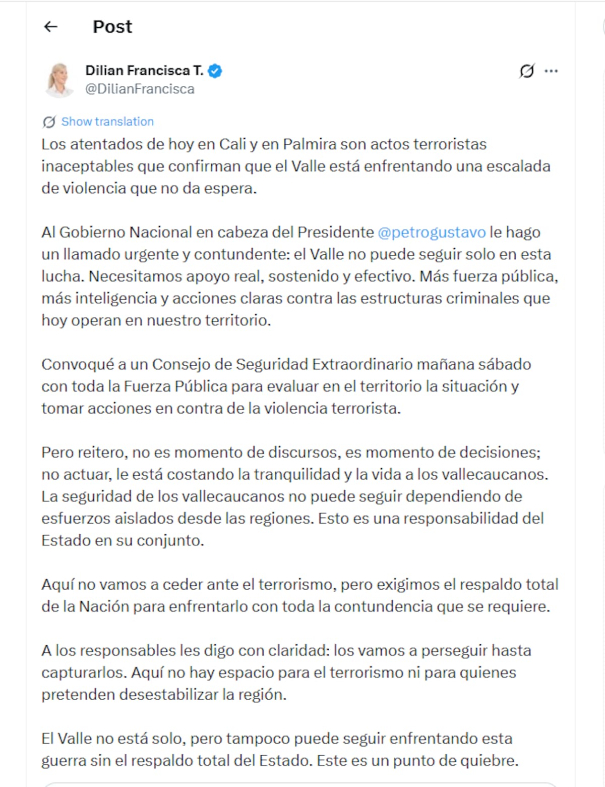 El mensaje de la goberndora del Valle del Cauca, Dilian Francisca Toro.