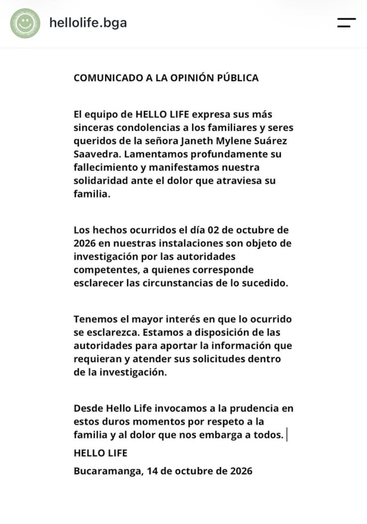 Hello Life se pronunció tras la muerte de Janeth Mylene Suárez Saavedra, la ingeniera ambiental que sufrió graves quemaduras durante un incidente ocurrido el 2 de octubre en el restaurante, en Bucaramanga.