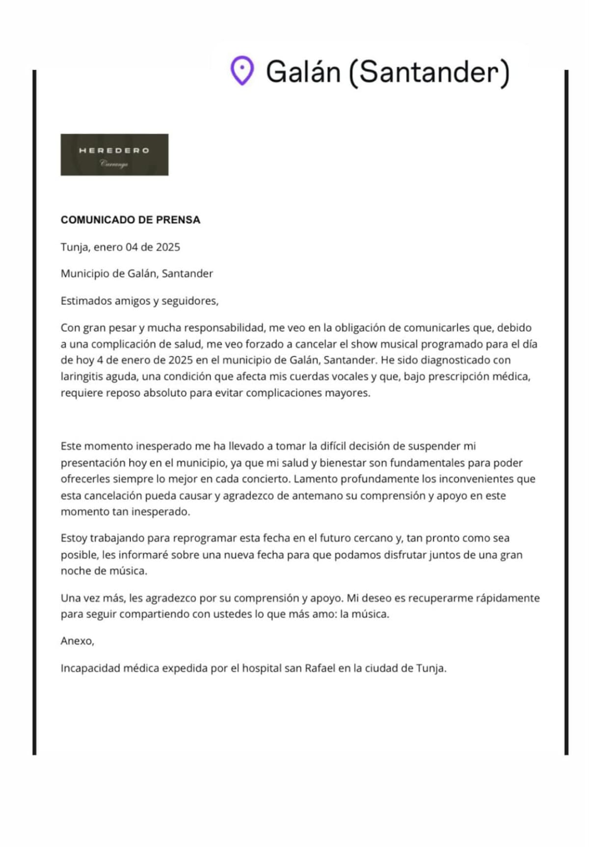 Heredero cancela su presentación en Santander por problemas de salud. | Foto: Suministradas.
