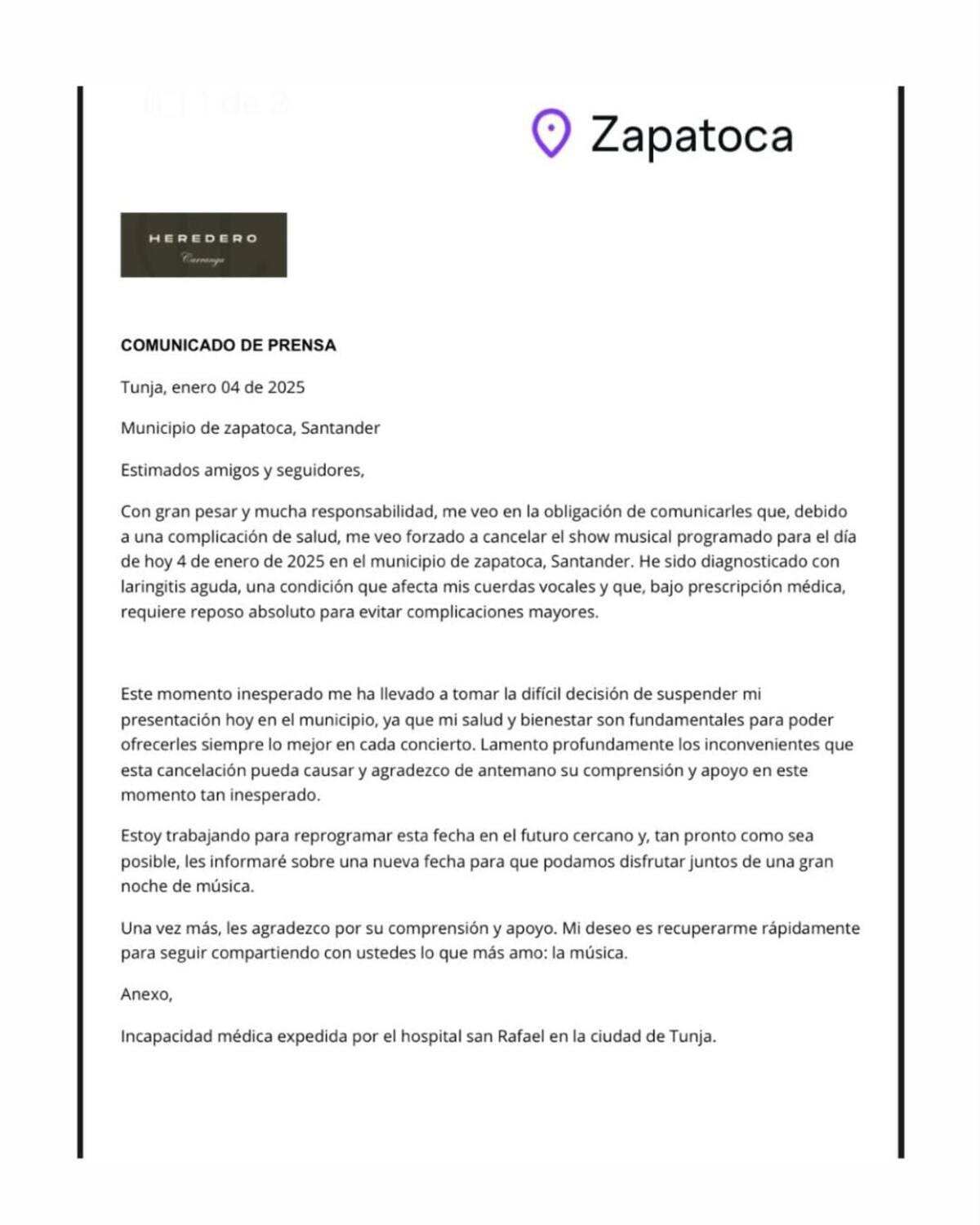 Heredero cancela su presentación en Santander por problemas de salud. | Foto: Suministradas.