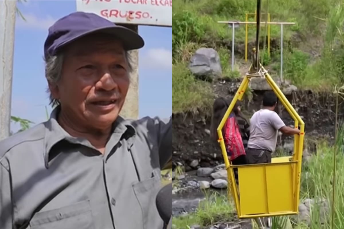 Hermelindo Arriola construyó la canasta para cruzar el río Taniluya. Foto: captura de pantalla video en YouTube. @PrimerImpacto