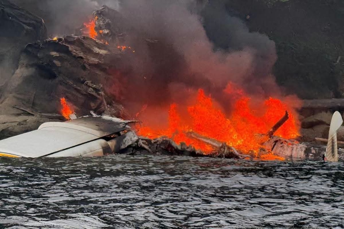 Todos sobrevivieron: hidroavión con 11 personas cayó al mar y terminó envuelto en llamas en Shallow Bay, isla Sucia (estado de Washington).