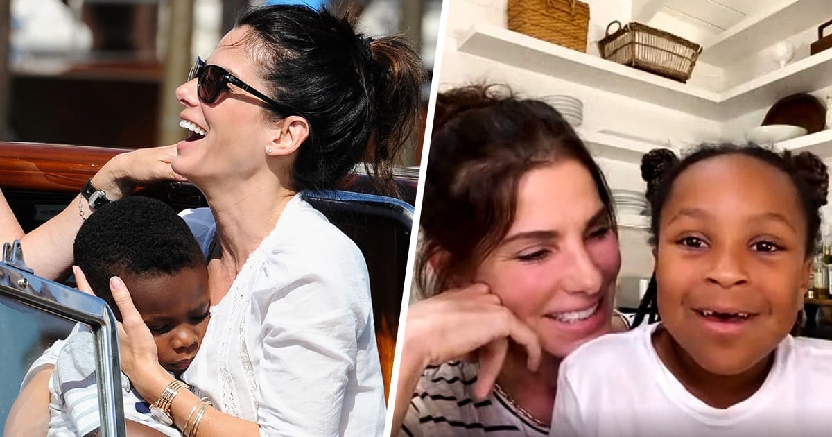La actriz Sandra Bullock junto a sus hijos Louis y Laila.