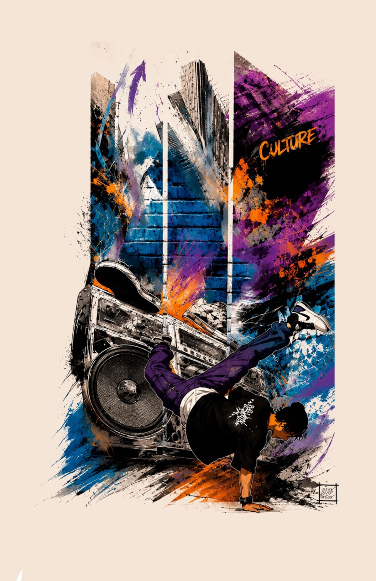 El Hip Hop en Bucaramanga sigue escribiendo su historia.
Hoy, nuevas generaciones toman las calles, los parques y los espacios culturales para mantener viva una cultura que nació desde la autogestión y el trabajo colectivo. Ilustración: Julián Rincón