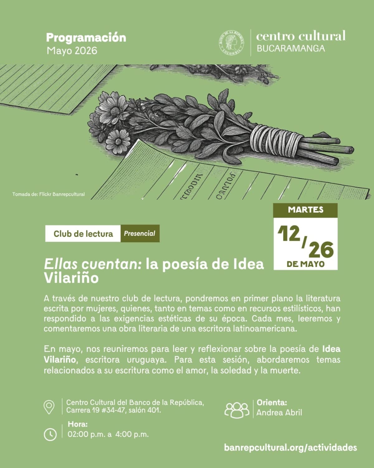 Invitación a leer Idea Vilariño en Club de lectura Ellas cuentan.