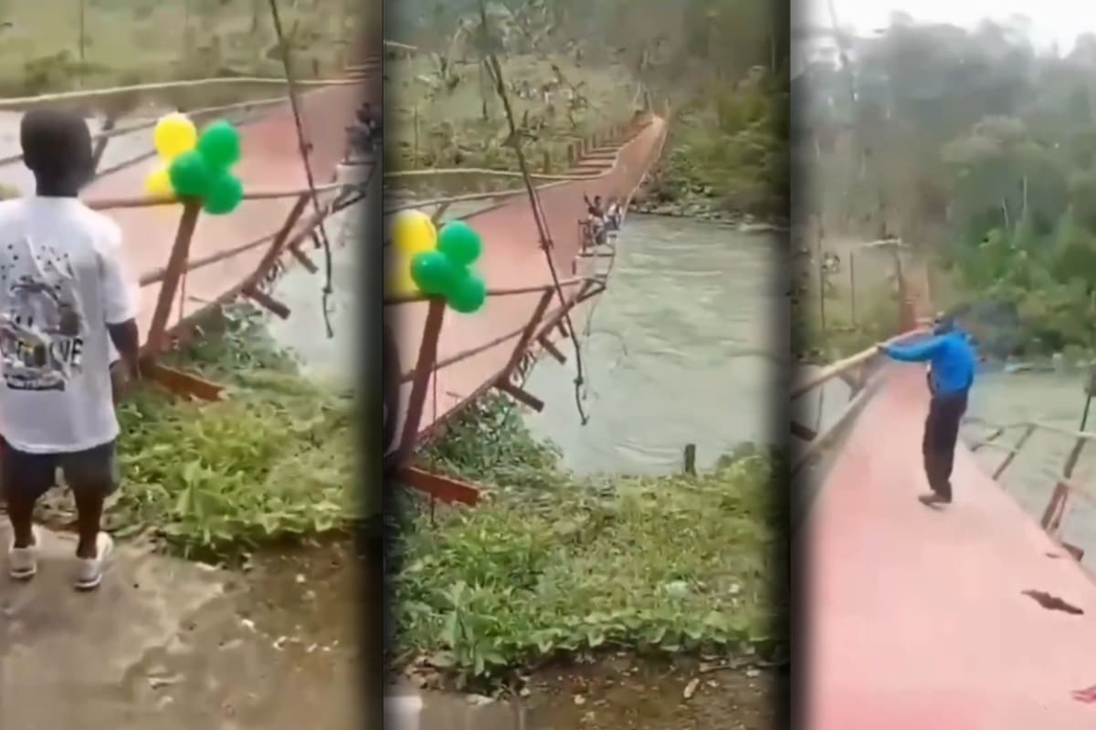 Imagen captada del video difundido en redes sociales (X), donde un habitante del sector registró el momento en que el puente colapsó segundos después de su inauguración. Fotos tomadas de: X.