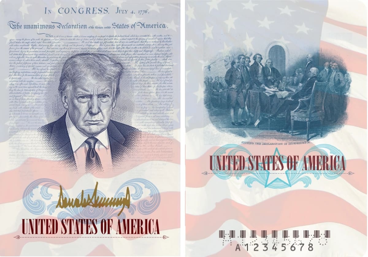 Fotografía divulgada este martes por el Departamento de Estado de Estados Unidos que muestra dos páginas de un pasaporte, en una aparece el rostro del presidente Donald Trump enmarcado por la Declaración de Independencia y la bandera estadounidense, junto con su firma en color dorado; y en la otra página muestra a los Padres Fundadores firmando la declaración. El Departamento de Estado de EE.UU. prepara nuevos diseños de pasaportes para conmemorar el 250 aniversario de la independencia del país, con una edición limitada que incluirá la imagen de Trump, informó la cadena Fox. EFE/ Departamento de Estado EEUU /SOLO USO EDITORIAL/ NO VENTAS/ SOLO DISPONIBLE PARA ILUSTRAR LA NOTICIA QUE ACOMPAÑA (CRÉDITO OBLIGATORIO)