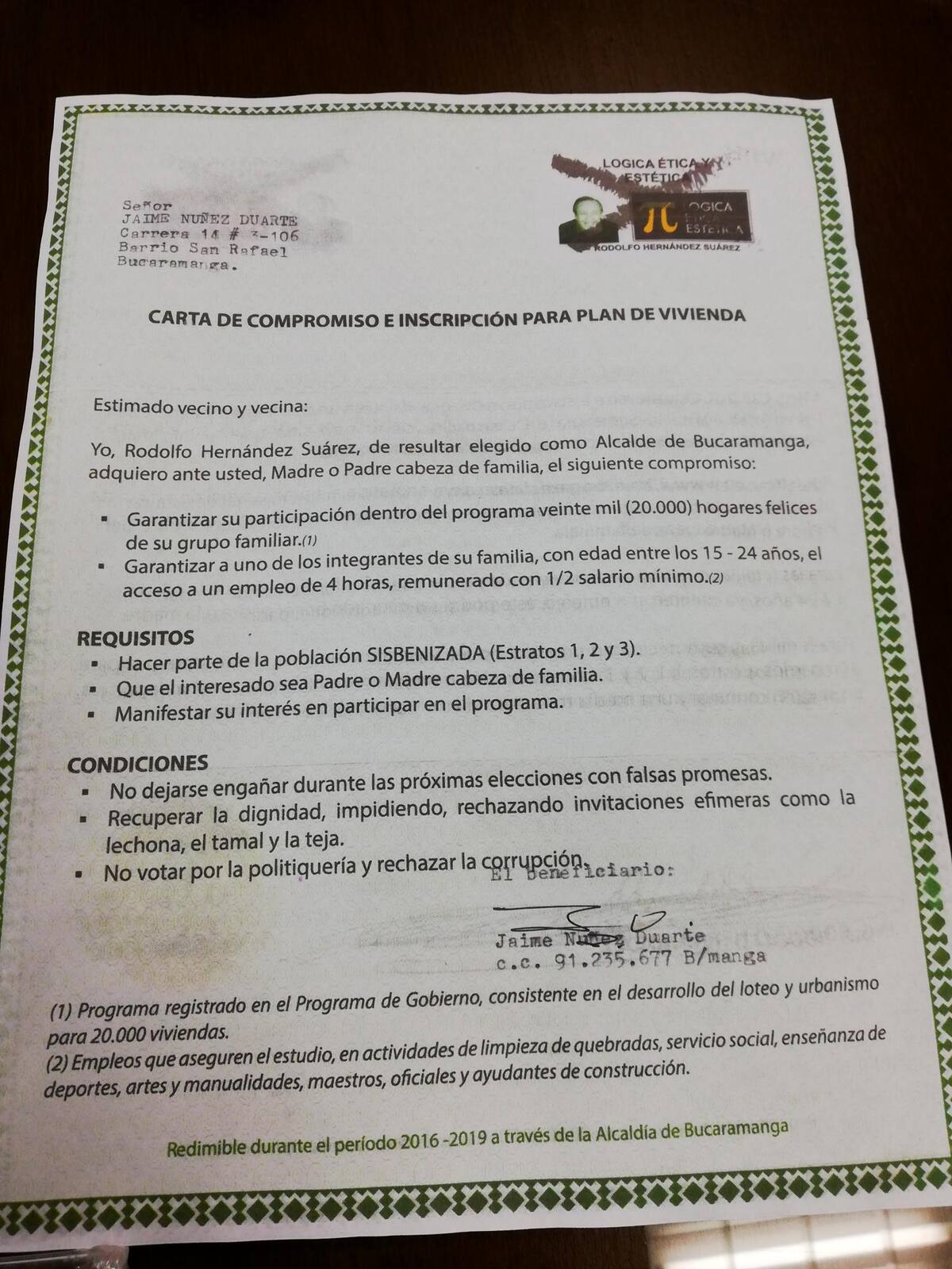 Esta es la ‘carta-cheque’ que recibió el demandante, durante la campaña realizada por Rodolfo Hernández para llegar a la Alcaldía de Bucaramanga.