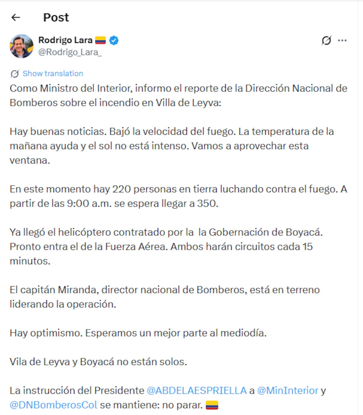 Pronunciamiento del ministro del Interior sobre el incendio en Villa de Leyva.