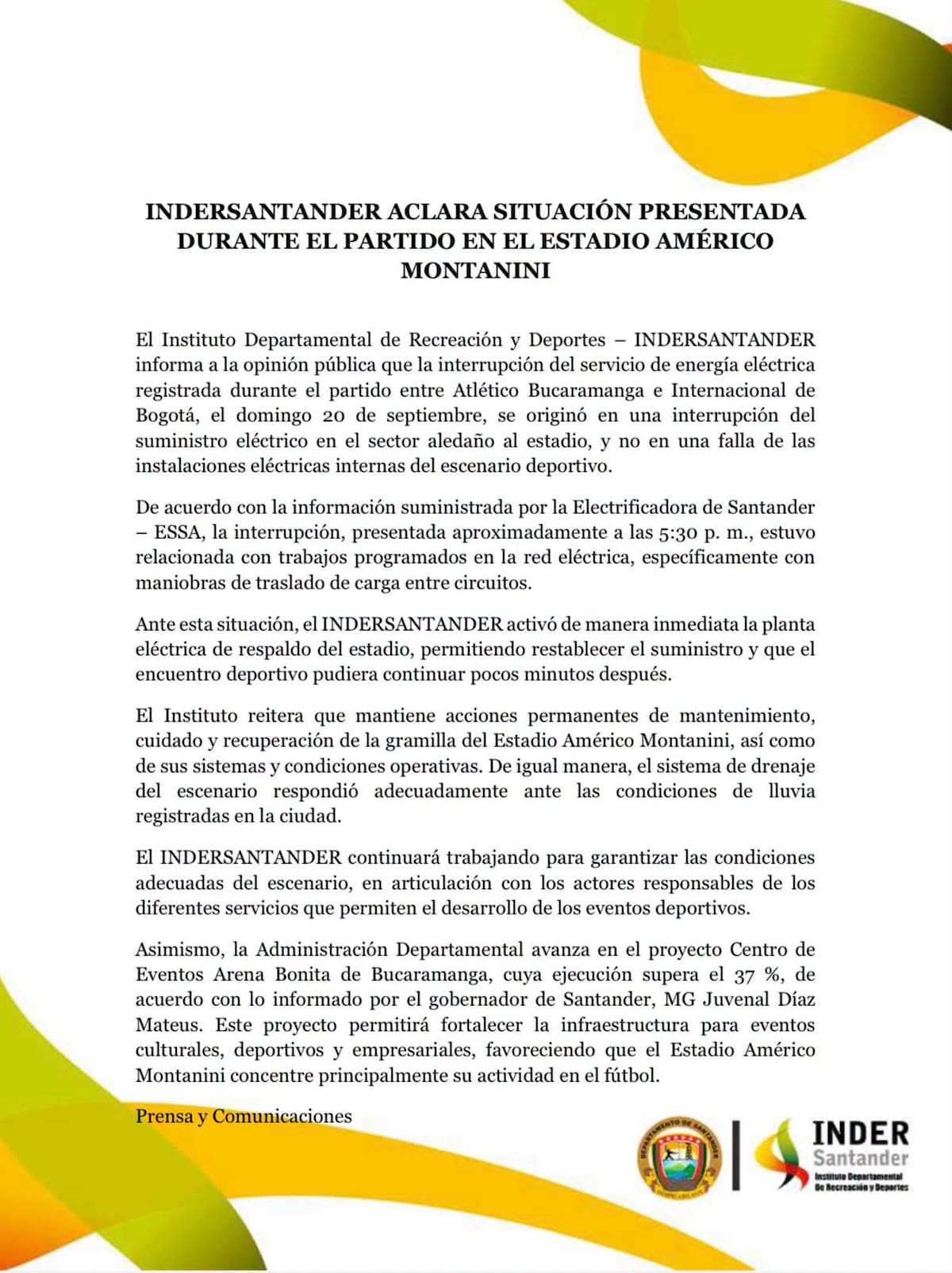 Indersantander se pronunció tras el apagón y las condiciones de la cancha en el partido del Atlético Bucaramanga.