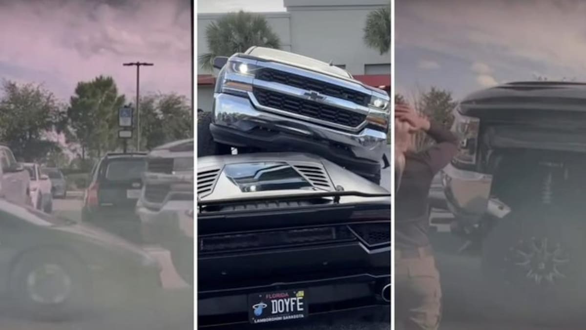 Una mujer en Florida condujo con su camioneta elevada sin ver un Lamborghini estacionado. El vehículo de lujo terminó parcialmente aplastado en el estacionamiento.