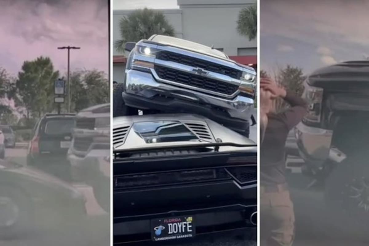 Una mujer en Florida condujo con su camioneta elevada sin ver un Lamborghini estacionado. El vehículo de lujo terminó parcialmente aplastado en el estacionamiento.