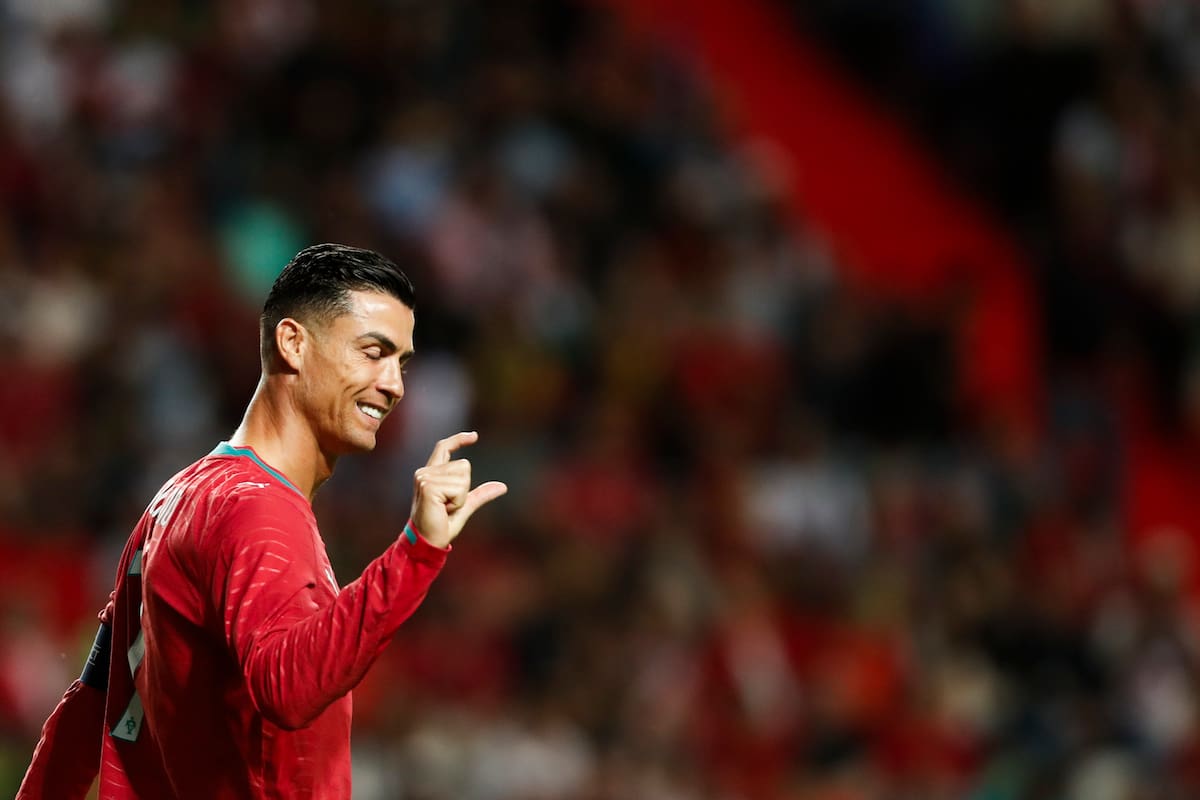 Leiria (Portugal), 10/06/2026.- Portugal player Cristiano Ronaldo gestures during the international soccer friendly match Portugal against Nigeria in Leiria, Portugal, 10 June 2026. (Futbol, Amistoso) EFE/EPA/PAULO CUNHA