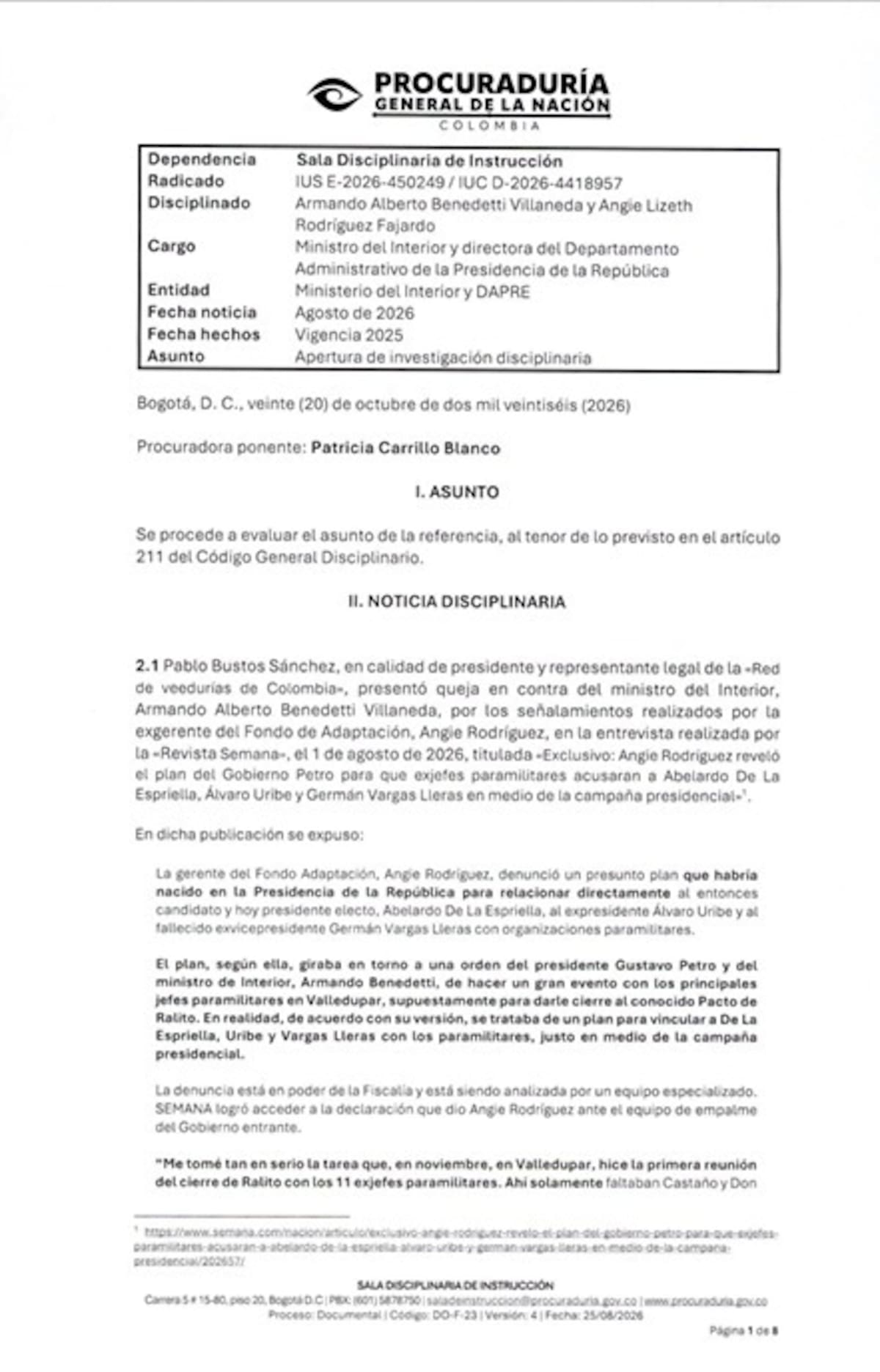 La Procuraduría abrió investigación disciplinaria contra Armando Benedetti y Angie Rodríguez por los señalamientos del llamado ‘Pacto de Valledupar’, relacionado con un presunto plan de persecución política que habría involucrado a grupos paramilitares.