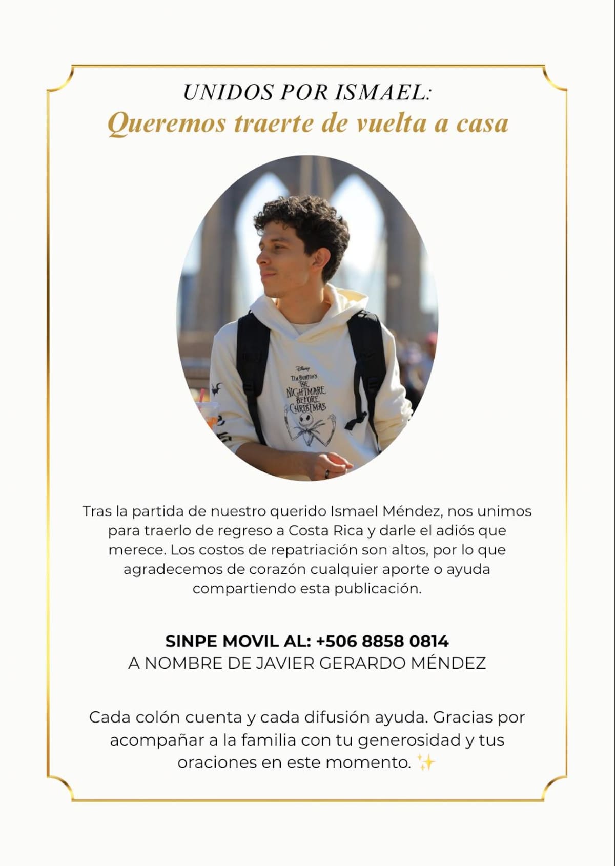 La familia de Ismael Méndez, solicita donaciones para repatriar su cuerpo a Costa Rica. Foto: Redes Sociales