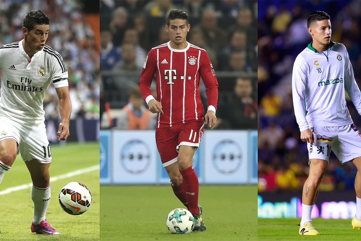 Combo de fotografías de archivo del futbolista colombiano James Rodríguez vistiendo las camisetas de Rea Madrid (i), Bayern Munich (c) y León (d). EFE/ Fernando Alvarado/Sáshenka Gutiérrez /Friedemann Vogel/ARCHIVO