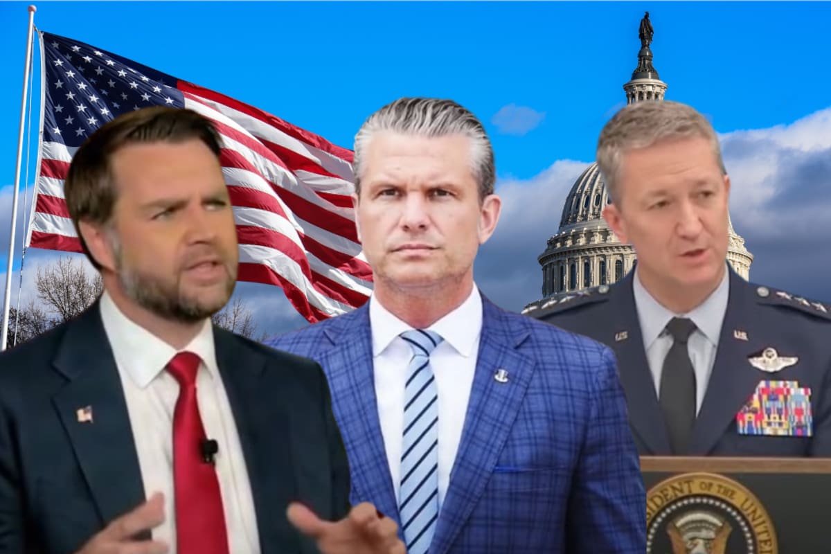 JD Vance, Pete Hegseth y Dan Caine. Fotos tomadas de videos en X // Captura // Fotomontaje // Vanguardia.