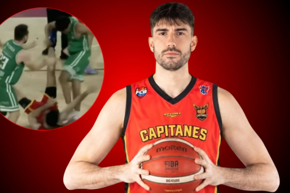 Violencia en el básquet colombiano, patadas y golpes contra el argentino Joaquín Lallana. /FOTO: basquetplus.com/