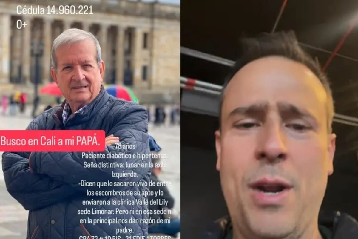 El periodista y expresentador José Fernando Patiño pidió ayuda a través de sus redes sociales y viajó a Cali para sumarse a la búsqueda de su padre, atrapado tras el colapso del edificio Torres del Limonar. Foto: Montaje web.