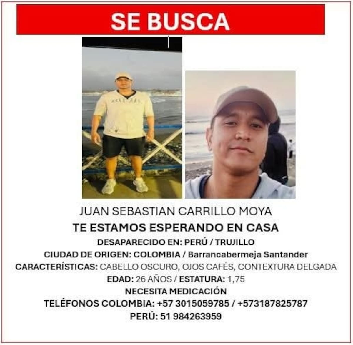 Juan Sebastián Carrillo Moya, quien desapareció en Trujillo (Perú). Desde Barrancabermeja, su familia pide apoyo a las autoridades y a la comunidad para encontrarlo (Fotos suministradas / VANGUARDIA).