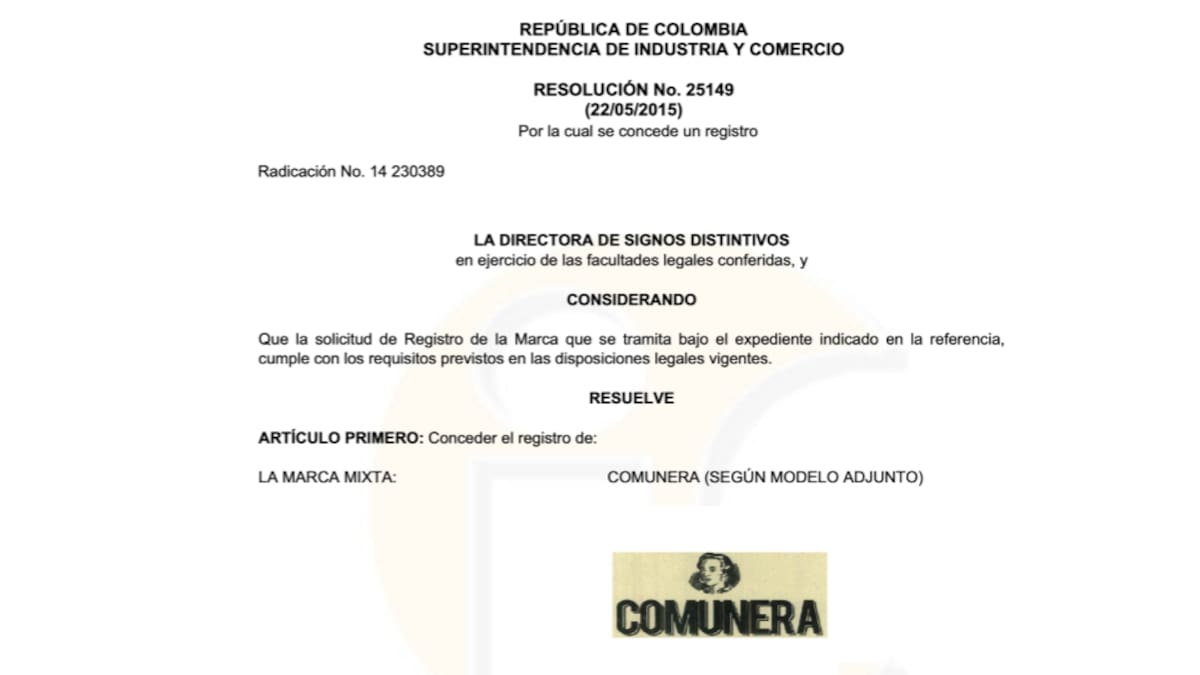 Juan Sebastián Galvis Adarme solicitó y obtuvo el registro de la marca 'Comunera' hace una década. | Foto SIPI