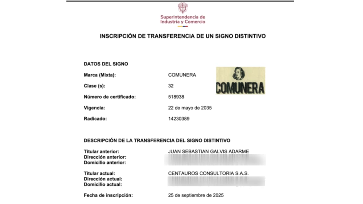 Juan Sebastián Galvis Adarme vende la marca 'Comunera' a Centauros Consultoría | Fuente SIPI