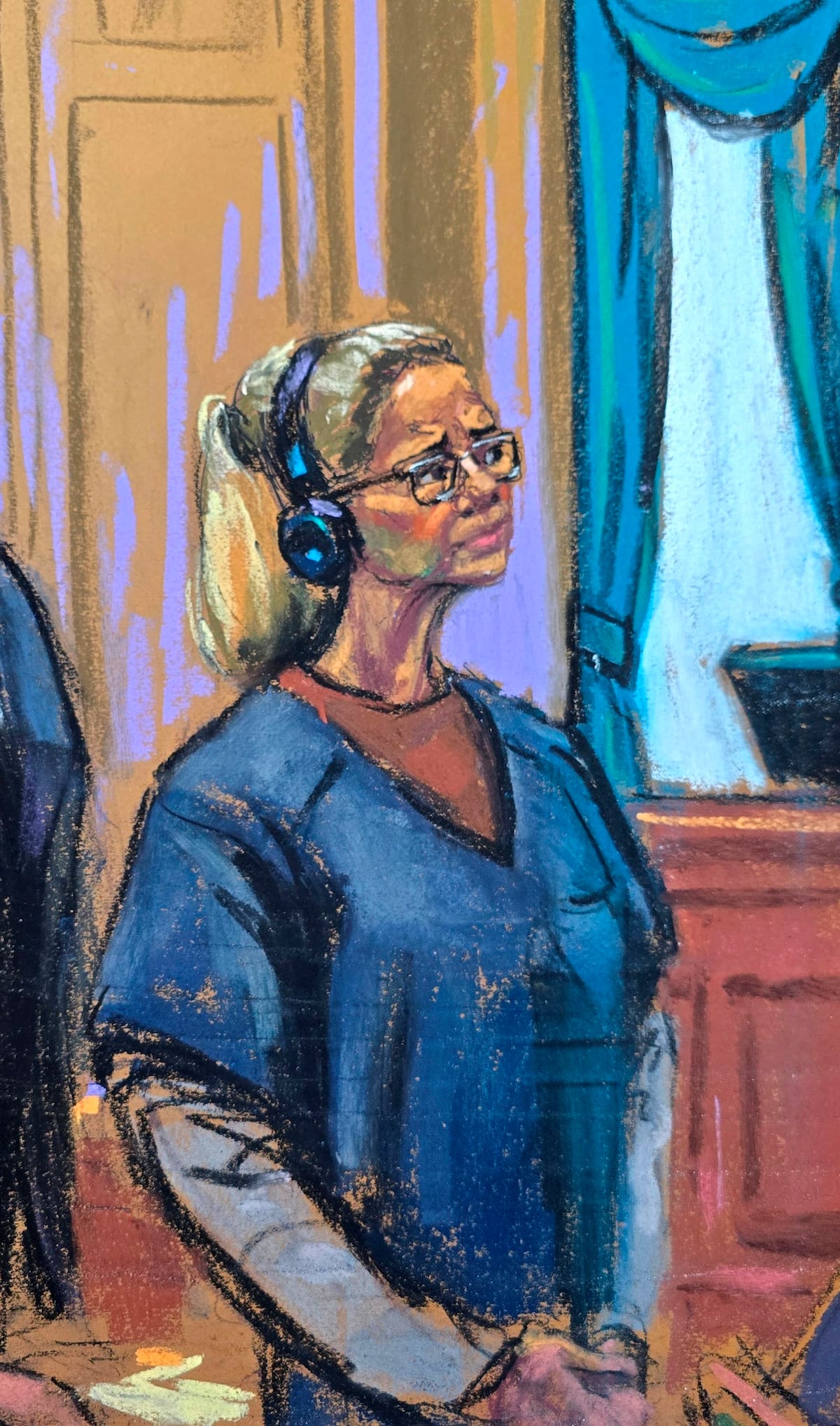 USA3426. NUEVA YORK (NY, EEUU), 08/10/2026.- Fotografía de un dibujo realizado por la artista Jane Rosenberg que muestra a Cilia Flores, esposa del depuesto presidente venezolano Nicolás Maduro, escuchando durante una audiencia celebrada este jueves en un tribunal de Nueva York (Estados Unidos). El juez Alvin Hellerstein, del Tribunal Federal del Distrito Sur de Nueva York, rechazó este jueves la petición de Cilia Flores, esposa del depuesto presidente venezolano Nicolás Maduro, para quedar en libertad bajo fianza y esperar en arresto domiciliario el juicio que enfrenta en Estados Unidos. EFE/Jane Rosenberg