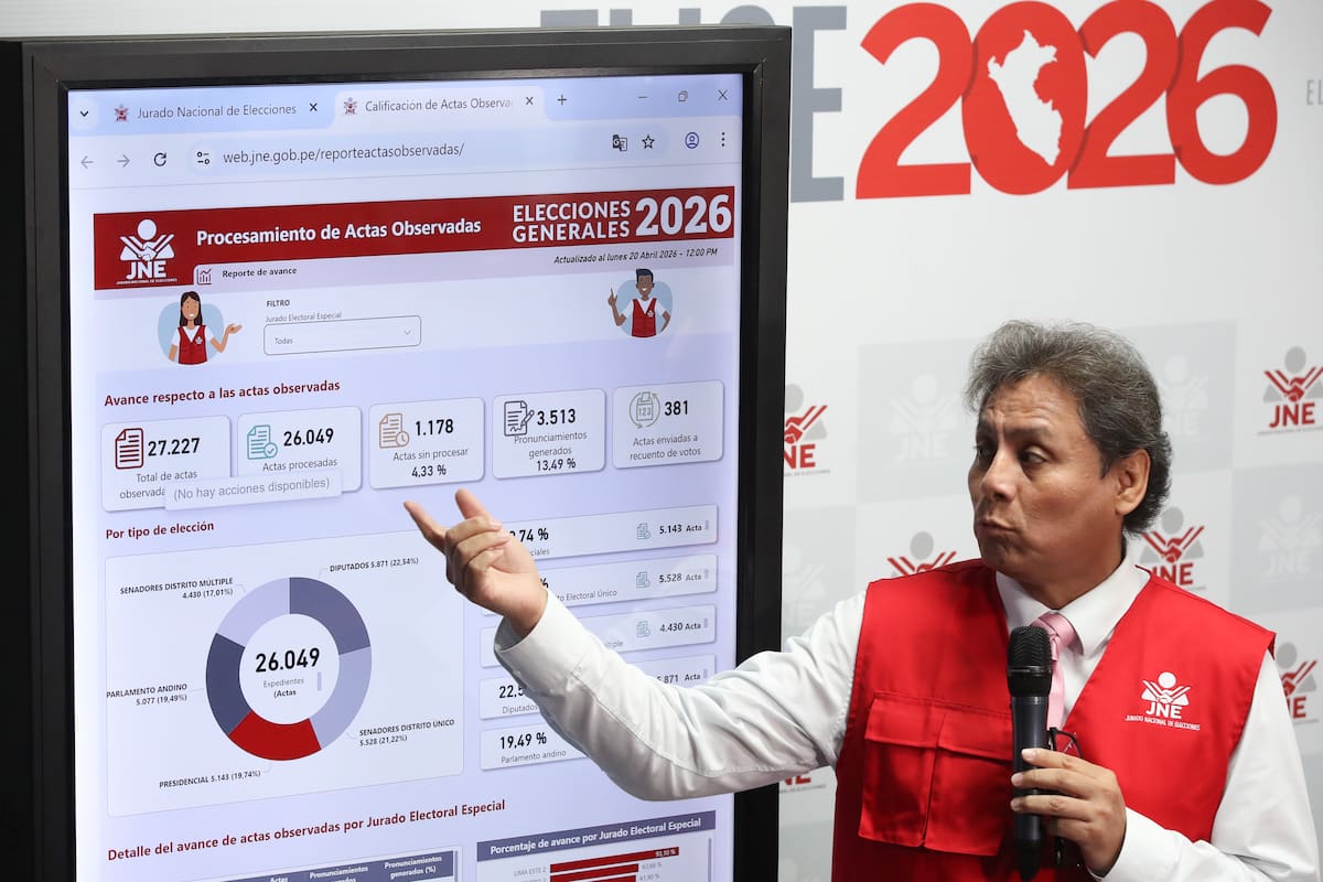 AME5263. LIMA (PERÚ), 20/04/2026.- El coordinador legal del gabinete de asesores del JNE, Jorge Valdivia, habla en una rueda de prensa este lunes, en Lima (Perú). Valdivia explicó que, hasta momento, hay más de 65.000 actas de votación observadas, de las cuales han recibido más de 27.000, que están en proceso de resolución por parte de los Jurados Electorales Especiales (JEE), que componen la primera instancia del sistema de justicia electoral de Perú. EFE/ Paolo Aguilar