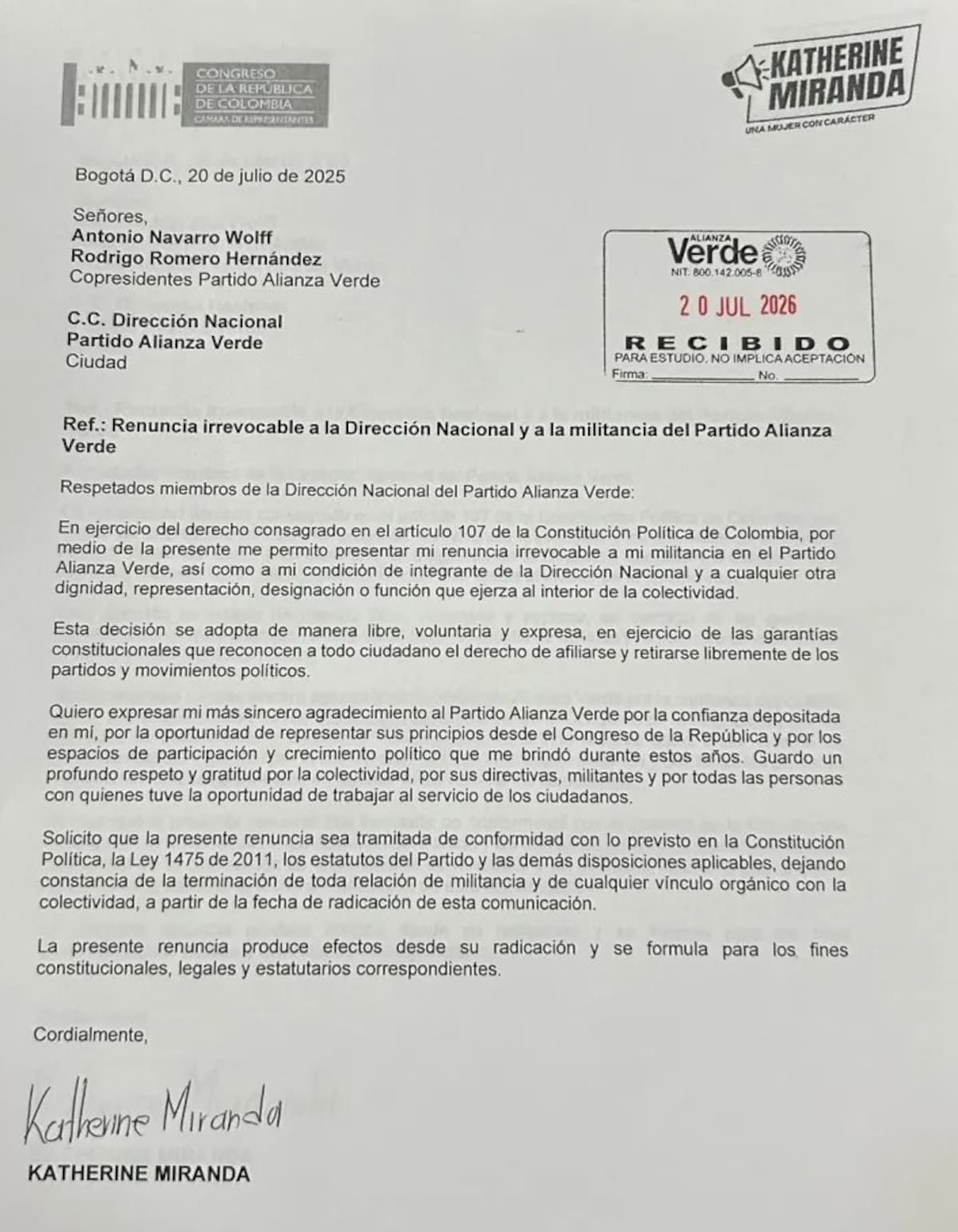 Katherine Miranda inició su carrera política en la denominada "ola verde" y permaneció más de una década en la colectividad antes de formalizar su renuncia. Captura de foto tomada de Redes Sociales // X.