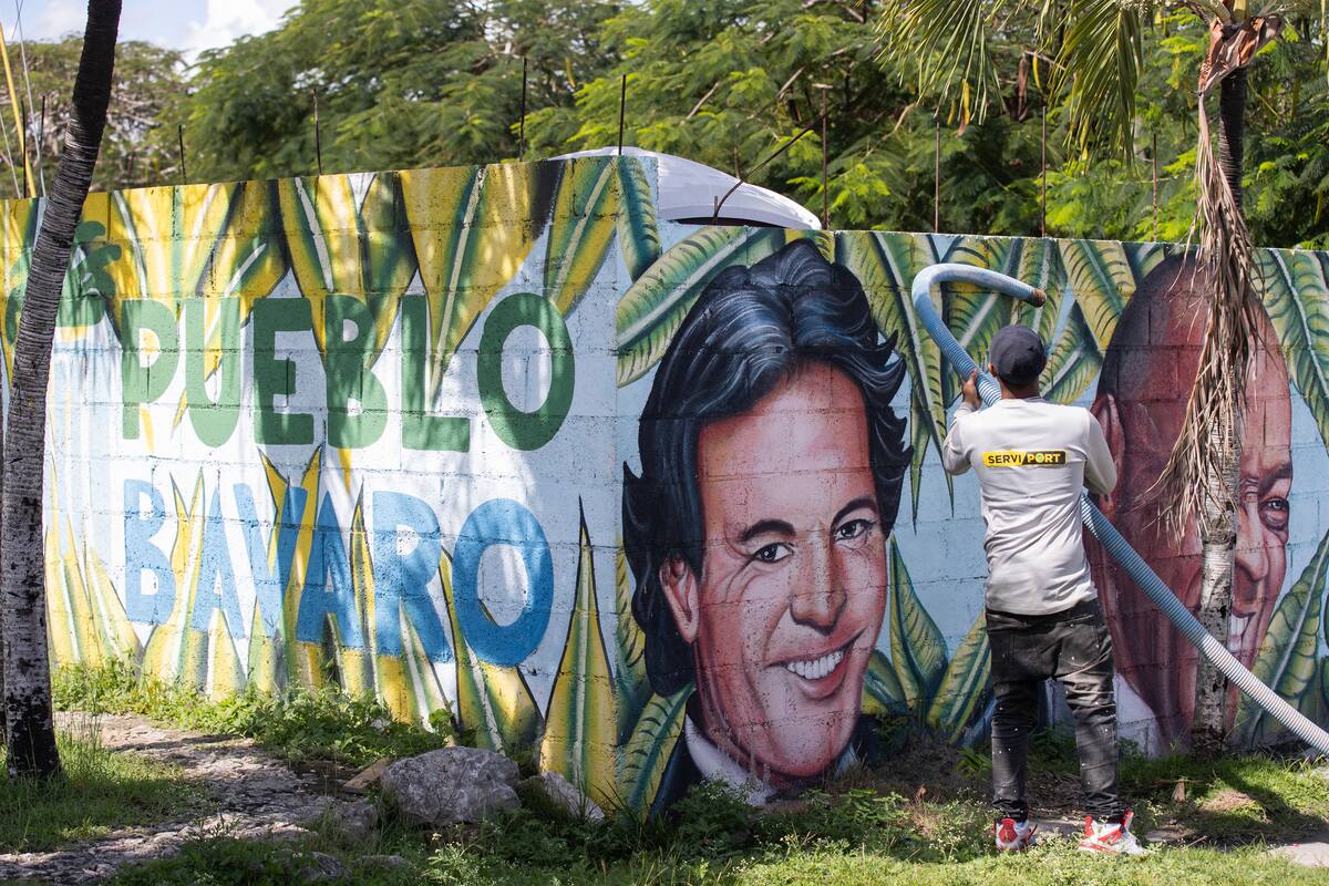 Una persona realiza labores de limpieza frente a un mural con los rostros de los artistas Julio Iglesias y Johnny Ventura, en Punta Cana (República Dominicana). La . EFE/ Orlando Barría