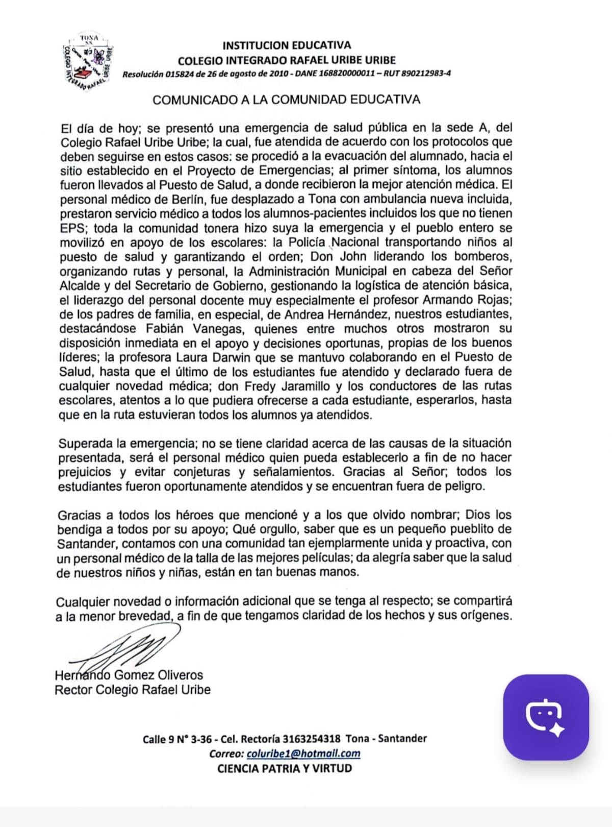 La institución se pronunció a través de un comunicado oficial
