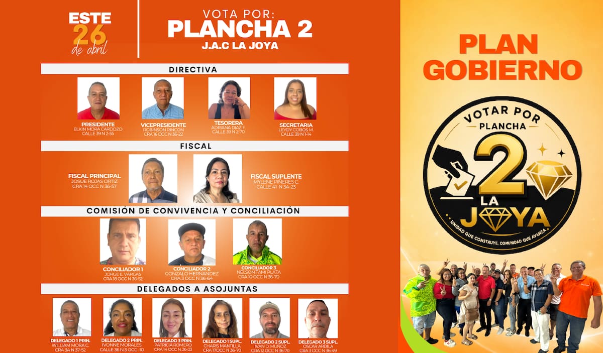 La planca No. 2 fue la ganadora del proceso de elección de la Junta de Acción Comuna el barrio La Joya.