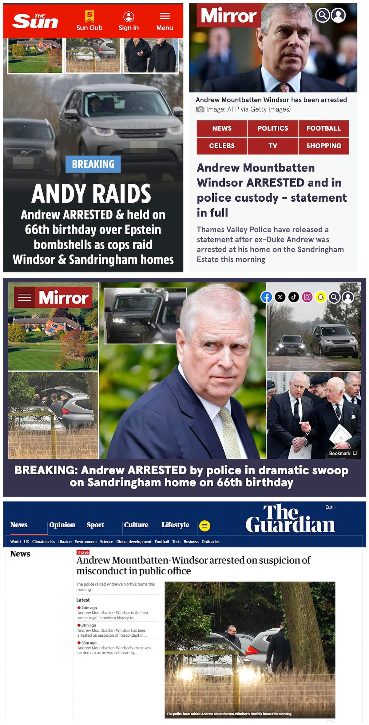 Combo de capturas de pantalla que muestran las distintas reacciones de la prensa británica sobre la detención del expríncipe Andrés, este jueves. Mountbatten-Windsor, hermano del rey británico Carlos III, ha sido detenido este jueves bajo la sospecha de mala conducta en un cargo público, informó la Policía del Valle del Támesis, fuerza policial a la que pertenece Windsor, a las afueras de Londres. EFE/