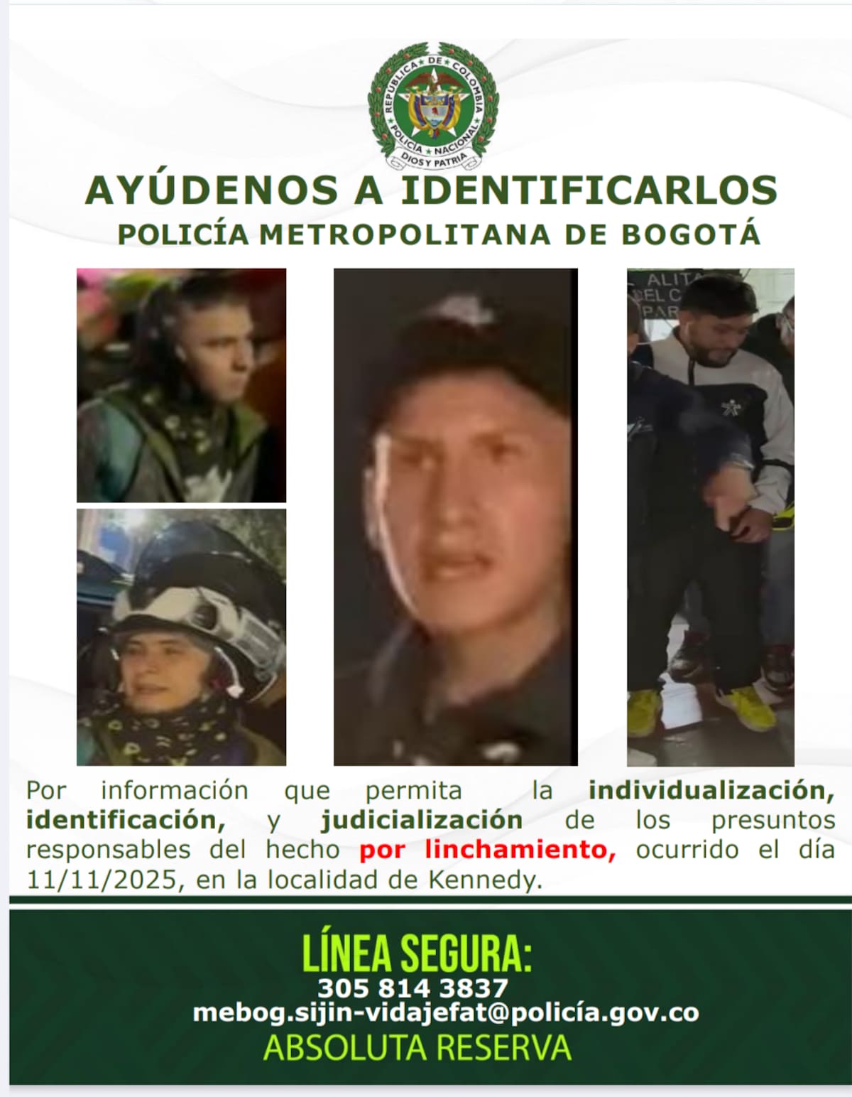 La Policía Nacional publicó el cartel con los cuatro presuntos responsables del linchamiento. Colprensa