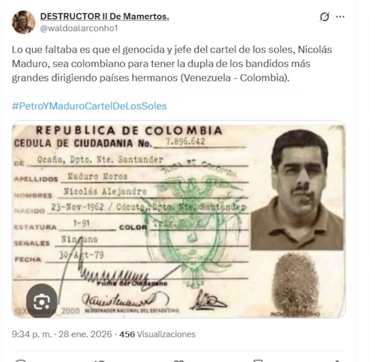 La verdad sobre la supuesta cédula colombiana de Nicolás Maduro. Foto suministrada/VANGUARDIA