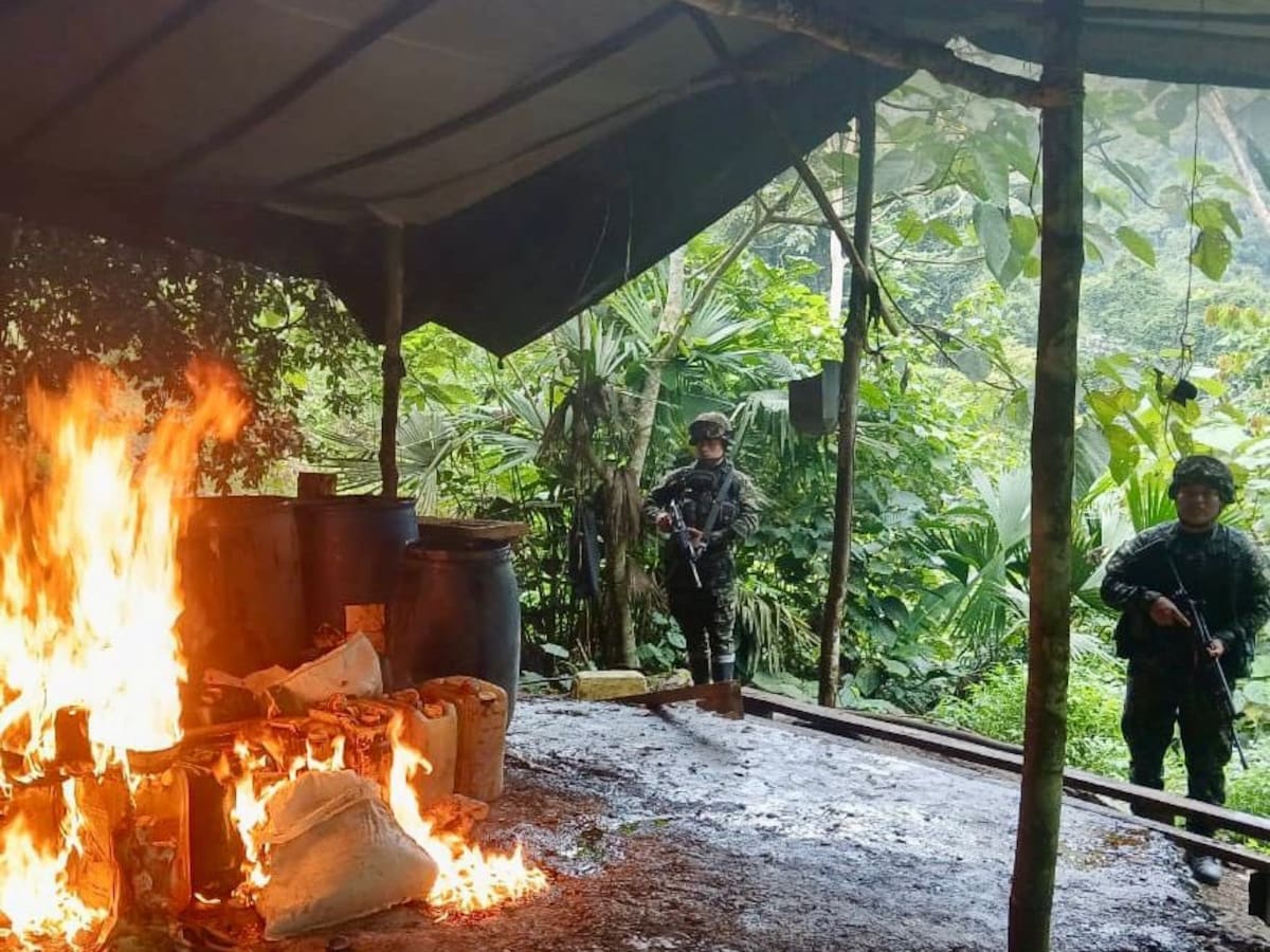 Fotografía de la destrucción de un laboratorio de coca en Antioquia. //Foto tomada de la cuenta oficial de X del Ejército de Colombia @COL_EJERCITO.