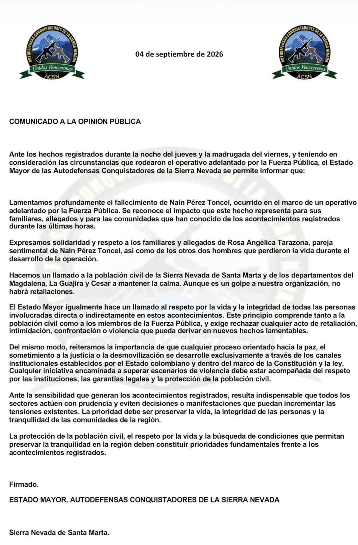 Las Autodefensas Conquistadoras de la Sierra Nevada se pronunciaron tras la muerte de alias ‘Bendito Menor’ durante un operativo en Riohacha, La Guajira.