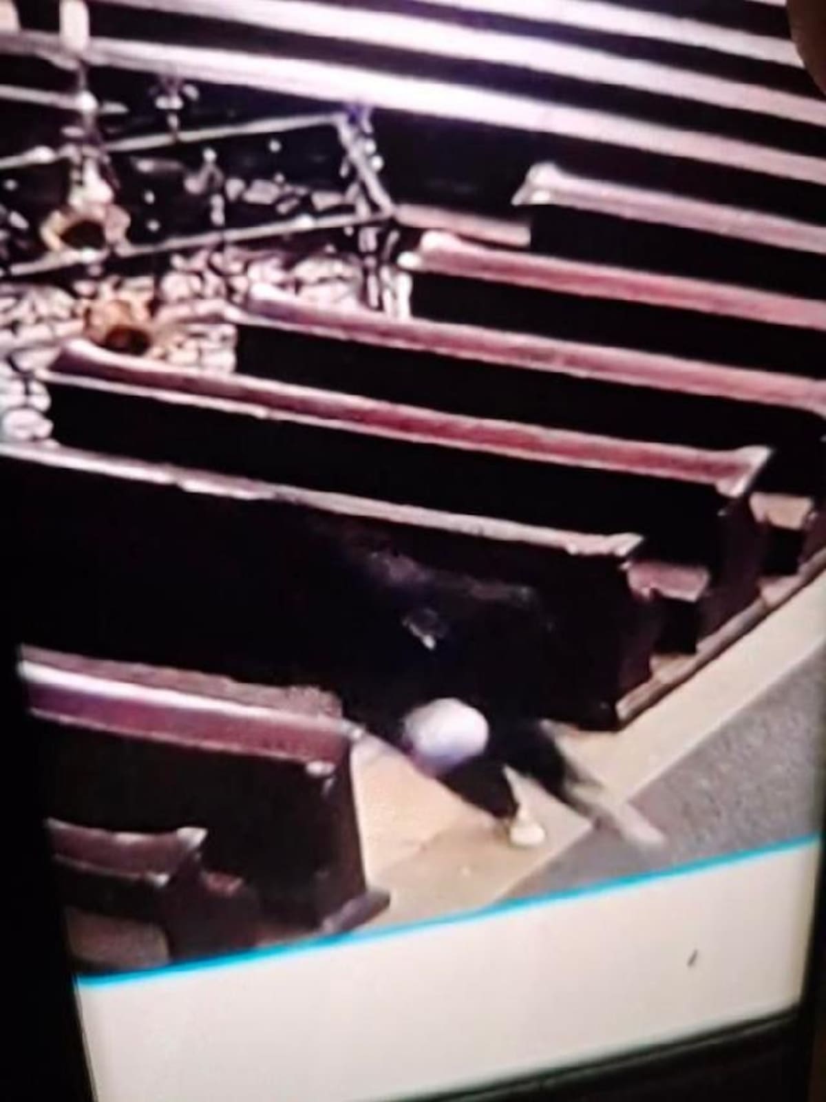 Las cámaras de seguridad captaron a un hombre vestido de oscuro mientras huía de la basílica con un objeto blanco en sus manos, que correspondería a la reliquia robada de Santa Zdislava. Imagen tomada de: Redes Sociales en X.