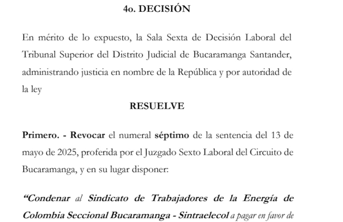 Las decisiones judiciales contra Sintraelecol: Sentencia en segunda instancia| Captura de Pantalla