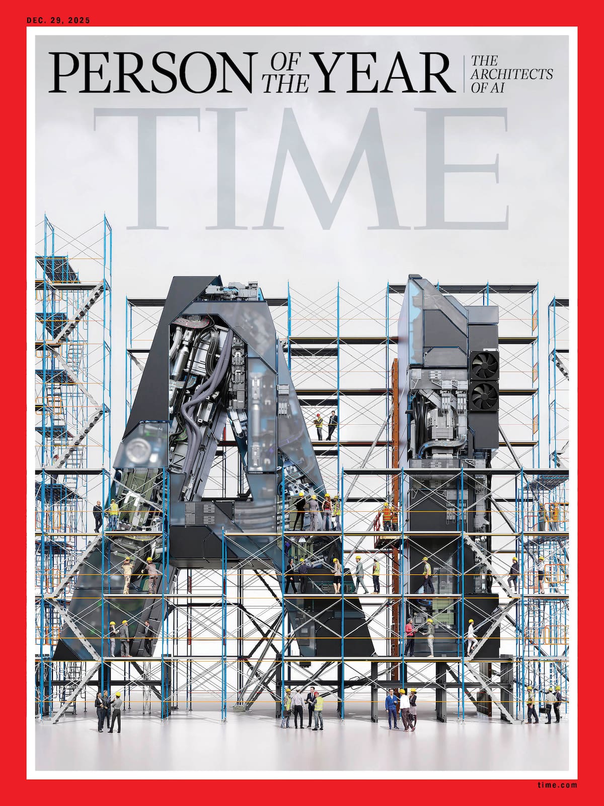 Fotografía cedida por la revista Time de la portada alternativa del especial Persona del Año 2025 realizada por Peter Crowther, dedicada a los arquitectos de la IA en Nueva York (Estados Unidos). Los arquitectos de la inteligencia artificial (IA) -como Mark Zuckerberg, Elon Musk, Jensen Huang y Sam Altman- fueron elegidos este jueves como Persona del Año 2025 por la revista Time "por inaugurar la era de las máquinas pensantes, por asombrar y preocupar a la humanidad, por transformar el presente y trascender los límites de lo posible". EFE/ Time Peter Crowther /SOLO USO EDITORIAL/NO VENTAS/ SOLO DISPONIBLE PARA ILUSTRAR LA NOTICIA QUE ACOMPAÑA (CRÉDITO OBLIGATORIO)