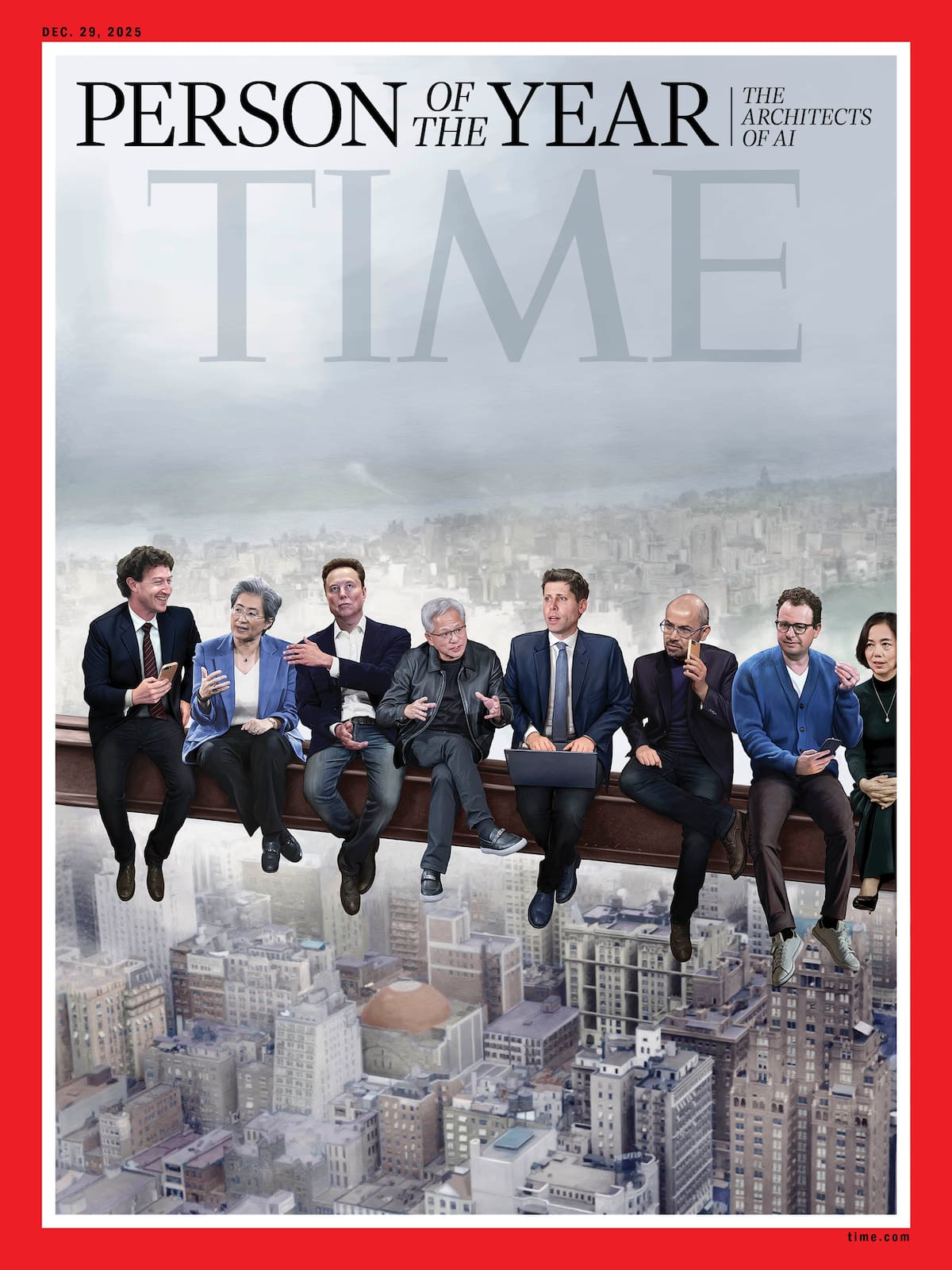 Fotografía cedida por la revista Time de la portada del especial Persona del año 2025 realizada por Jason Seiler, dedicada a los arquitectos de la IA en Nueva York (Estados Unidos). Los arquitectos de la inteligencia artificial (IA) -como Mark Zuckerberg, Elon Musk, Jensen Huang y Sam Altman- fueron elegidos este jueves como Persona del Año 2025 por la revista Time "por inaugurar la era de las máquinas pensantes, por asombrar y preocupar a la humanidad, por transformar el presente y trascender los límites de lo posible".