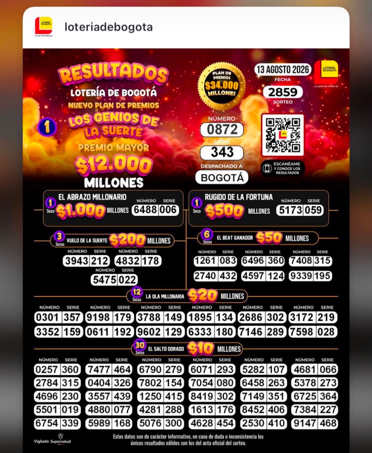 Lotería de Bogotá: resultado del sorteo del jueves 13 de agosto de 2026.