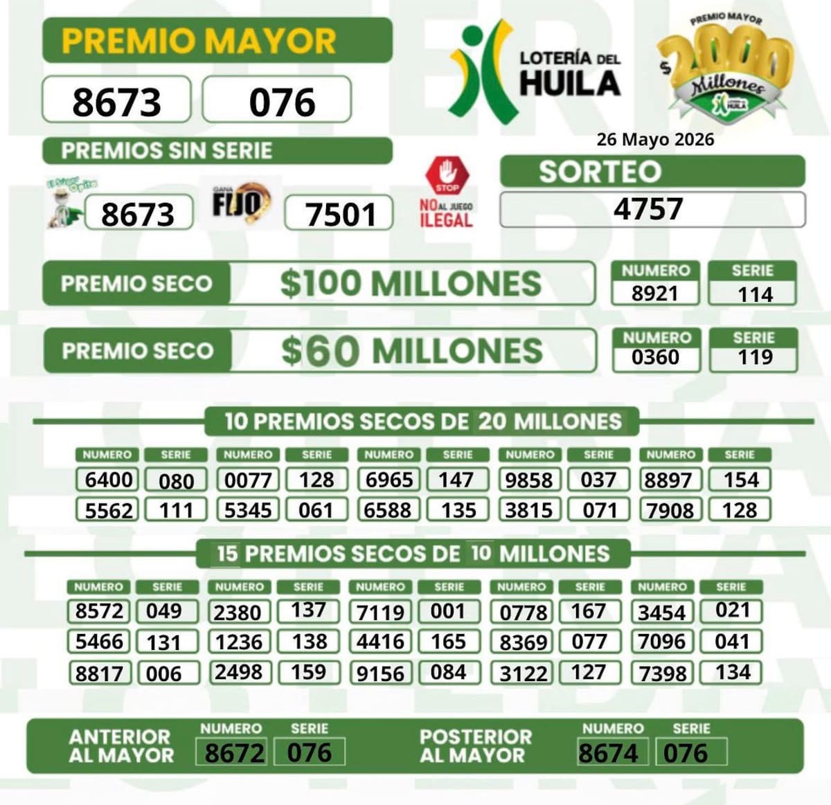 Resultado Lotería del Huila, martes del 26 de mayo de 2026.