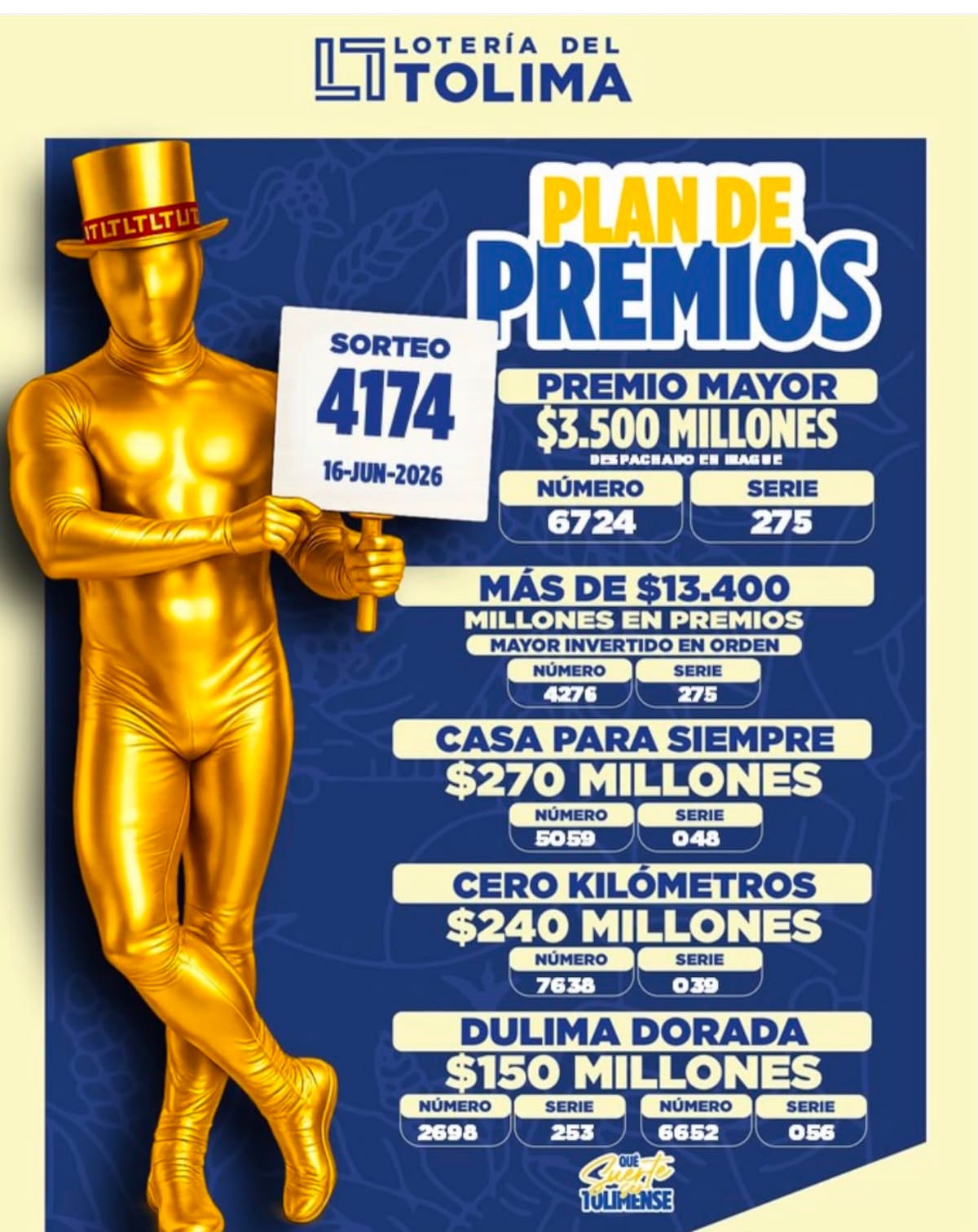 Resultado Lotería del Tolima: conozca el premio mayor del martes 16 de junio de 2026.