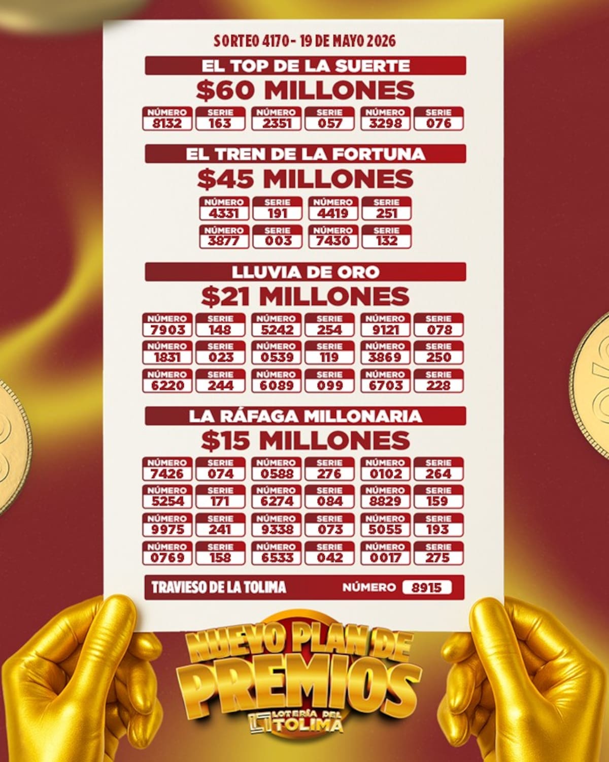 Resultados de Lotería del Tolima del martes 19 de mayo de 2026.
