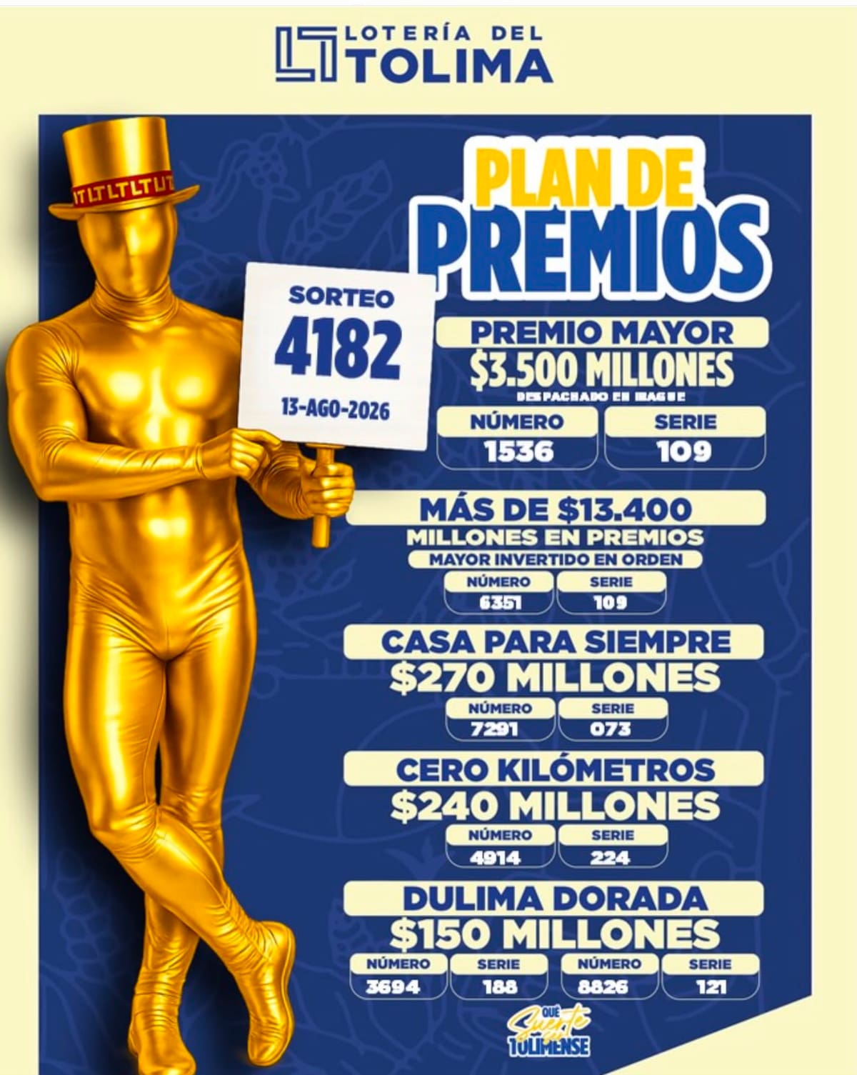 Conozca el resultado de la Lotería del Tolima del jueves 13 de agosto de 2026.