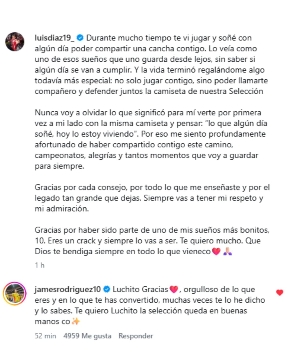 Luis Díaz y su emotivo mensaje a James Rodríguez tras su adiós a la Selección Colombia. Foto: Captura de pantalla