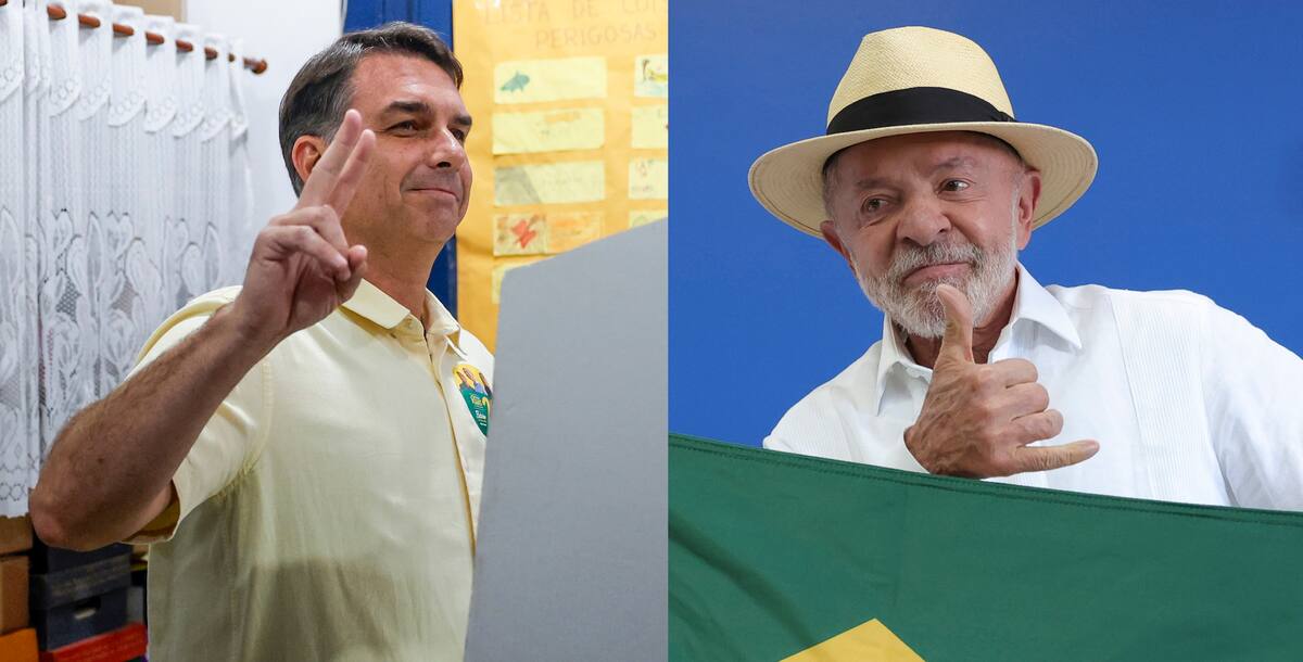 Combo de dos fotografías del mandatario brasileño, Luiz Inácio Lula da Silva (d), y el senador Flávio Bolsonaro quienes disputarán la Presidencia en una segunda vuelta electoral el próximo 25 de octubre, según los resultados oficiales de los comicios celebrados este domingo, con el 96,60 % del censo escrutado. EFE/ Antonio Lacerda / Isaac Fontana